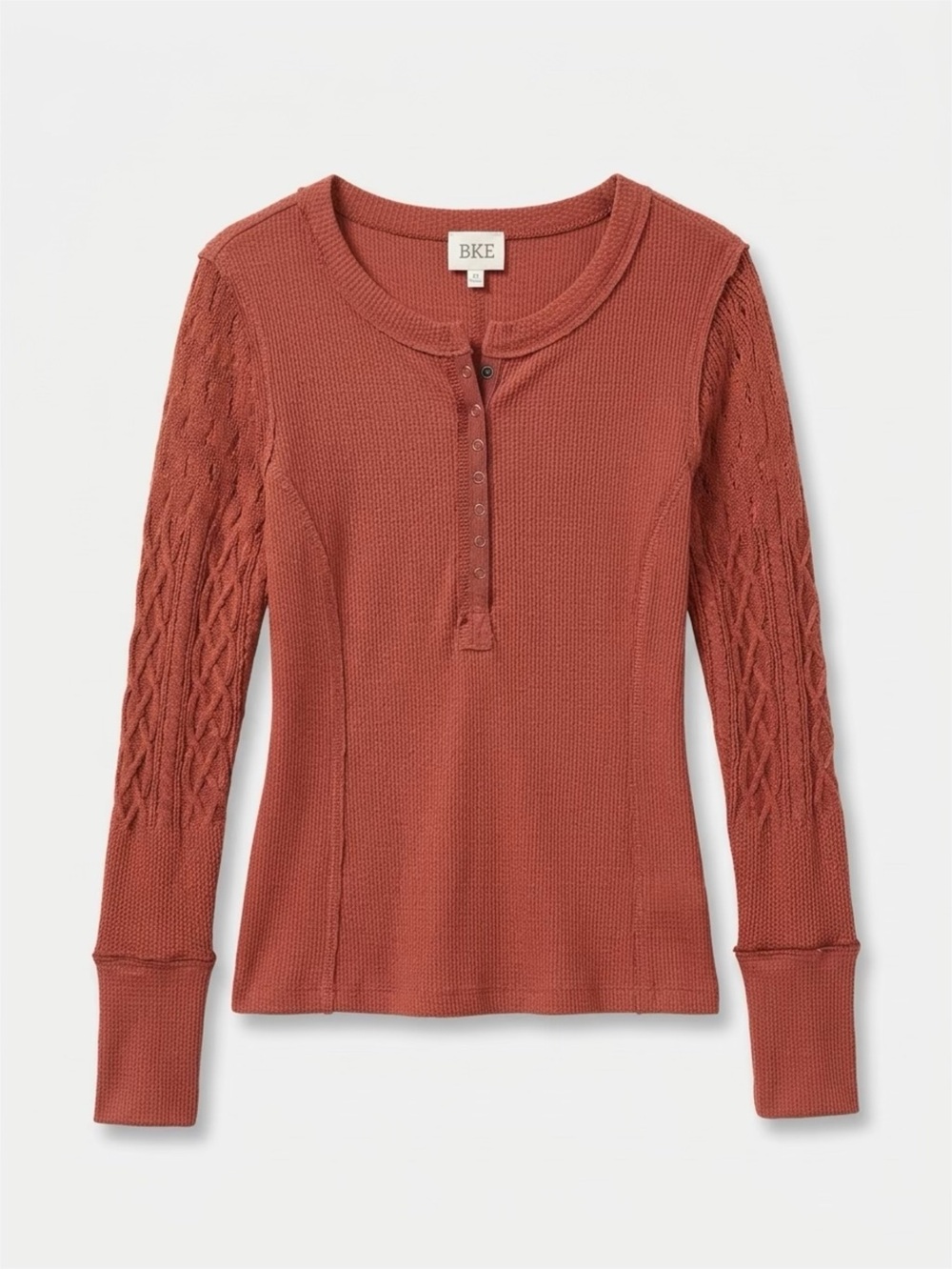 BKE Women's Rust Cable-Sleeve Henley Top new without tags.